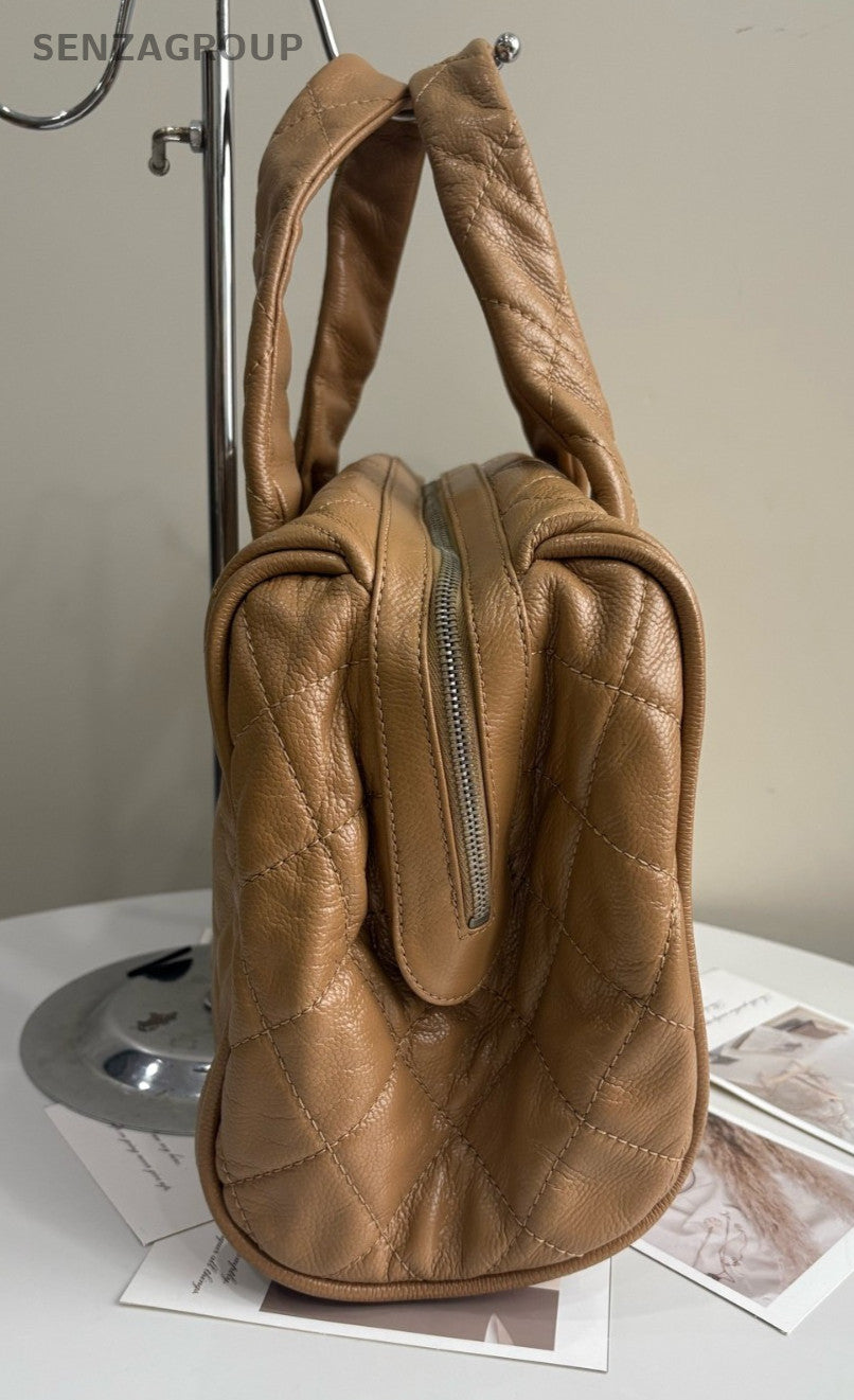 CHANEL Bowling Vintage Calfskin Boston Handbag Beige Women