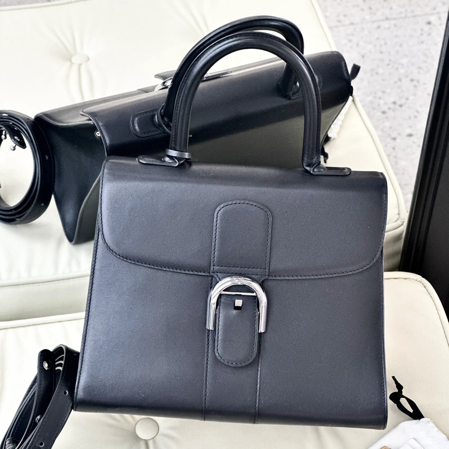 Delvaux Brillant Box GM Calfskin Top Handle Crossbody Bag Black Silver Women S
