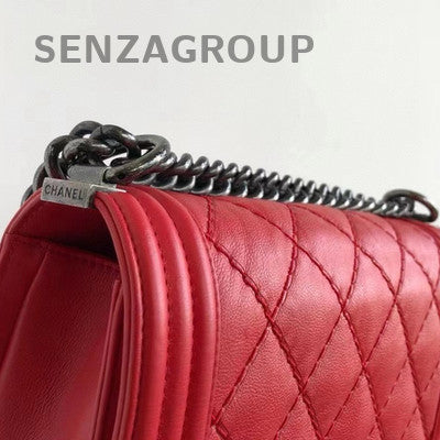 Chanel Le Boy Medium Red Silver Hardware Lambskin Quilted Chain Shoulder Bag