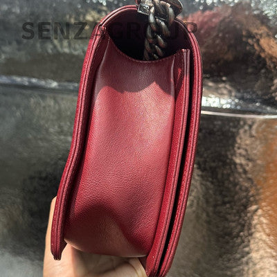 Chanel Le Boy Large Red Silver Hardware Chain Shoulder Bag Quilted