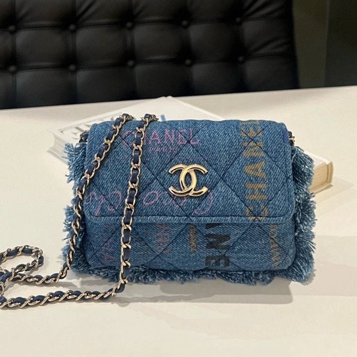 CHANEL Denim Fringe Trim Flap Shoulder Crossbody Bag