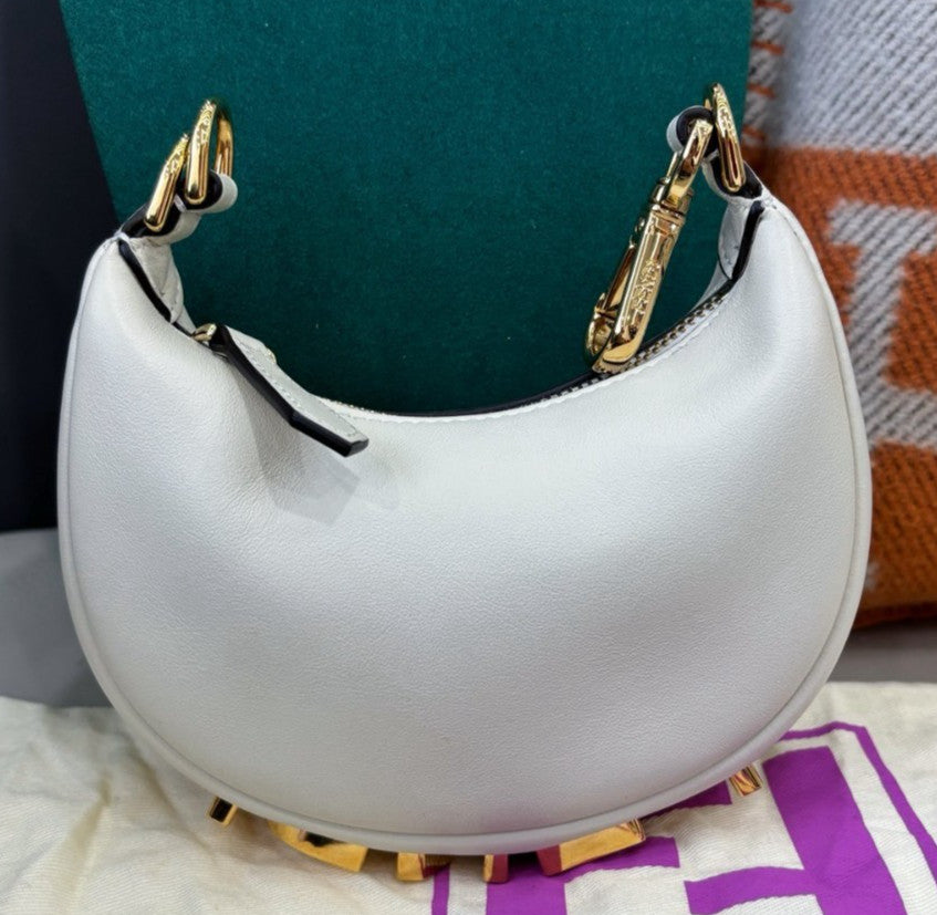Fendi Graphy Nano Calfskin Wrist Bag White Gold Used Women Classic Fashion