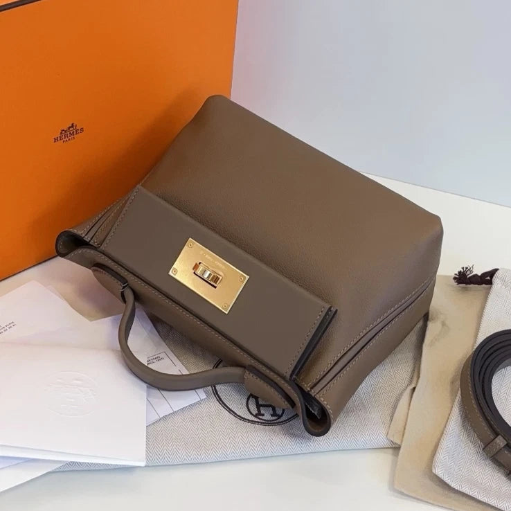 Hermes 2424 Mini Top Handle Crossbody Gray Gold Used Women Classic Fashion