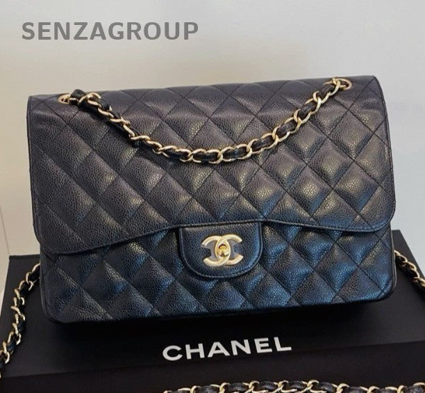 Chanel Classic Flap Jumbo Chain Shoulder Bag Black Gold Diamond Women Fashion