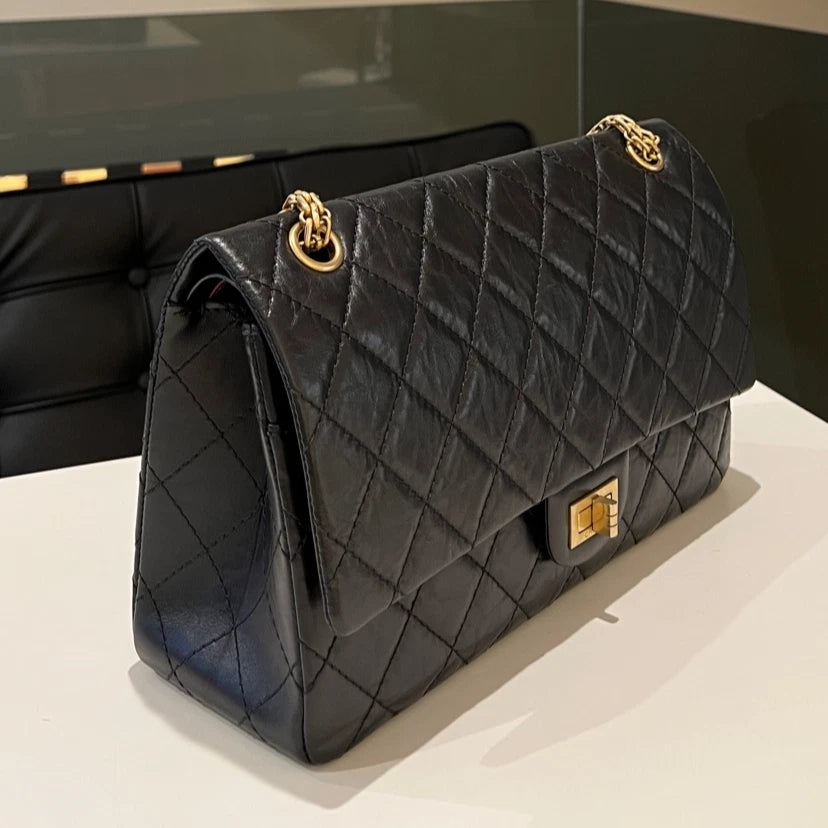 Chanel 2.55 Medium Black Gold Quilted Chain Shoulder Bag Classic