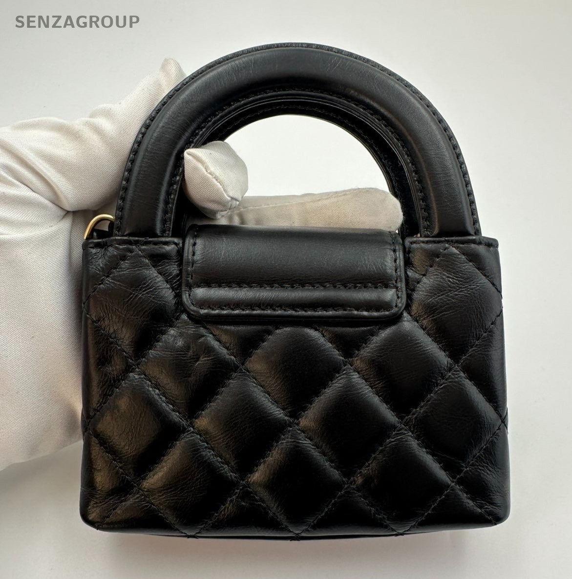 Chanel Kelly Nano Calfskin Top Handle Chain Shoulder Crossbody Black Gold Women