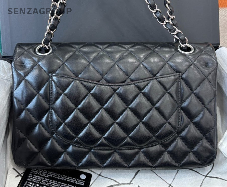 Chanel Classic Flap MM Lambskin Chain Shoulder Bag Crossbody Black Silver Women