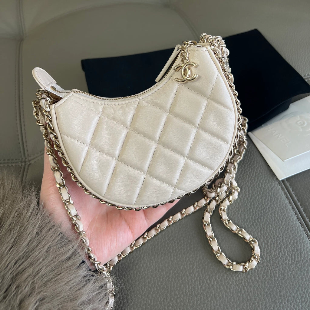 Authentic Chanel Hobo MINI Chain Shoulder Crossbody Bag White Gold Hardware
