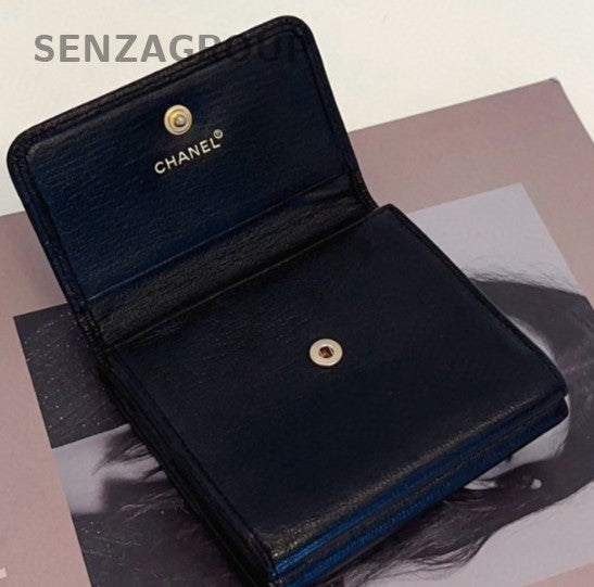 Chanel Short Wallet Clutch Black Gold Used Women Classic