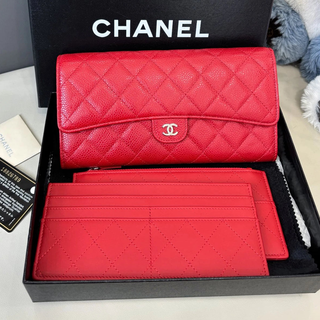 Chanel Calfskin Diamond Clutch Red Silver Women Classic