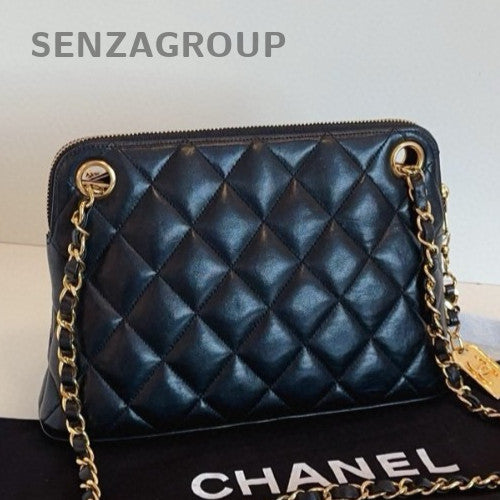 Chanel Diamond Vintage Chain Black Gold Shoulder Bag Crossbody Women Classic