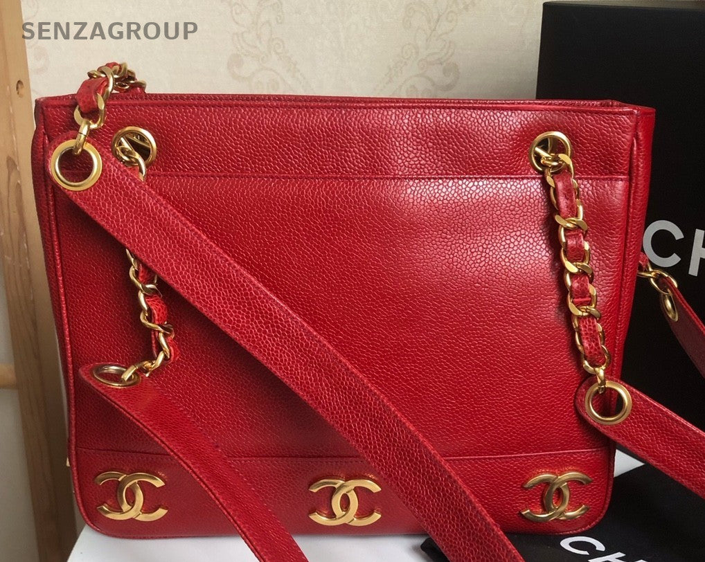 CHANEL Red Gold caviar single-shoulder bag eight logos Women