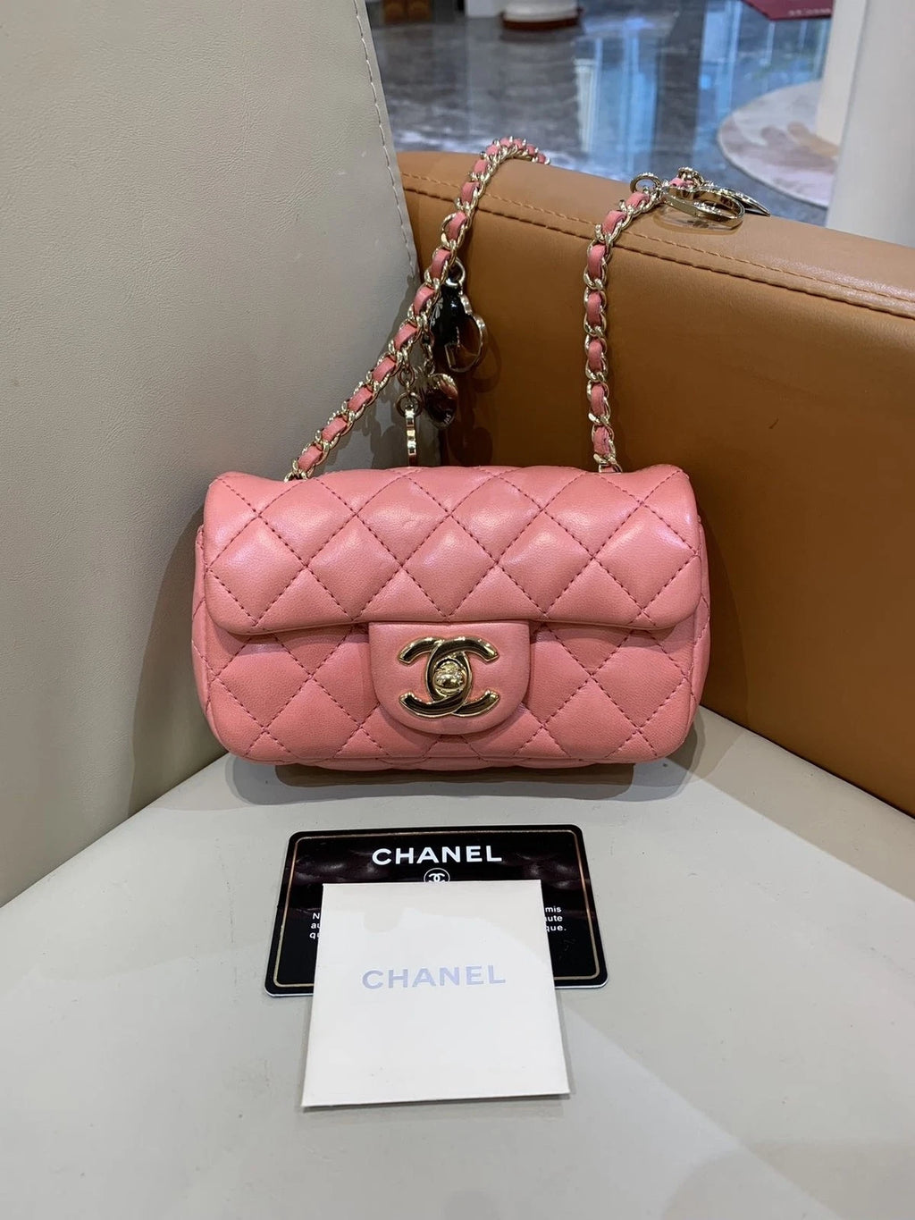 CHANEL Peach Pink Gold Buckle Mini Heart Badge Crossbody Bag Women