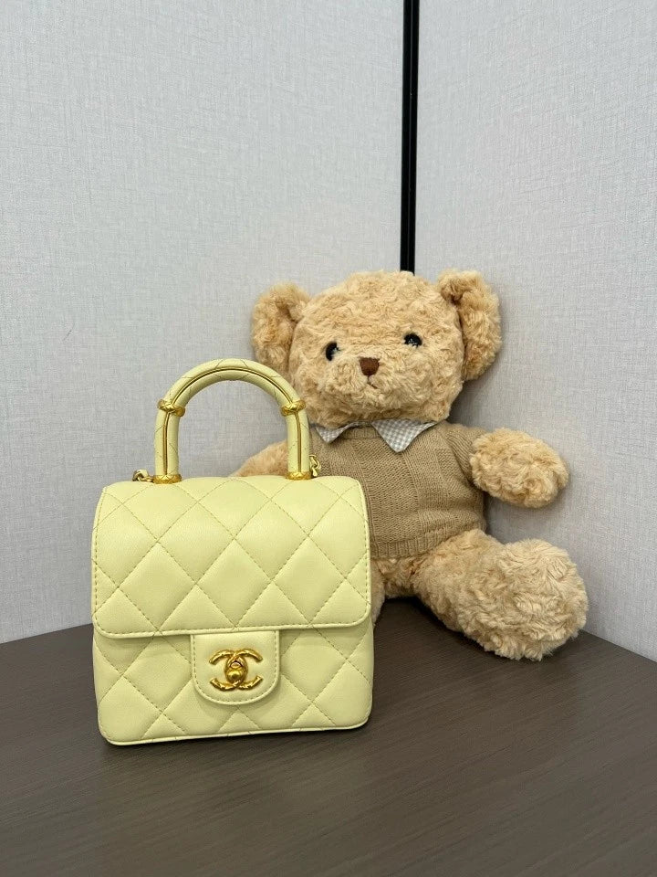 CHANEL 23S Yellow Lambskin Top Handle Box Bag For Women