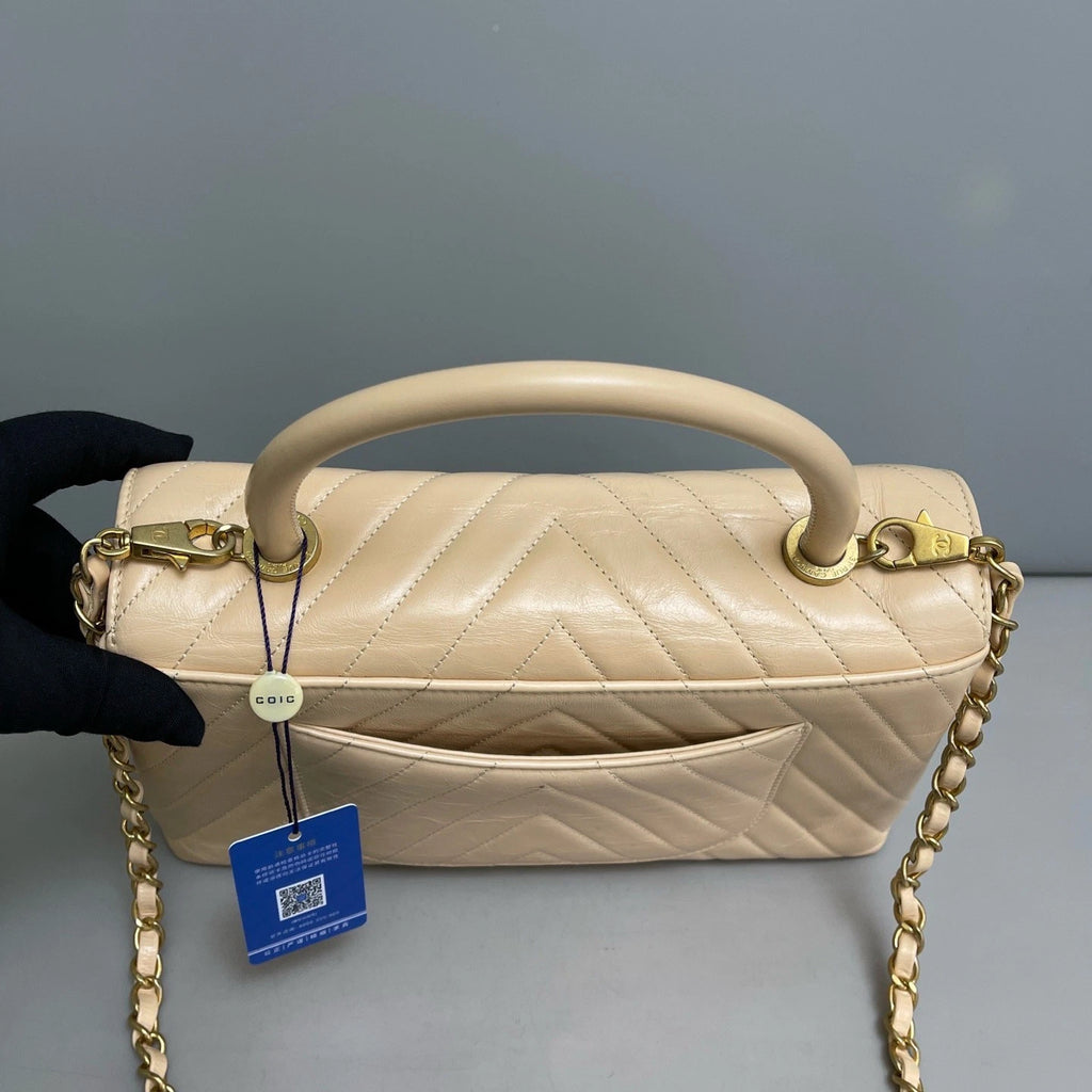 Chanel Coco Handle Calfskin Chevron Top Handle Bag Shoulder Bag Beige Women