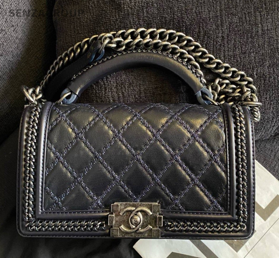 Chanel Leboy Chain Top Handle Shoulder Bag Blue Silver Women Classic Diamond