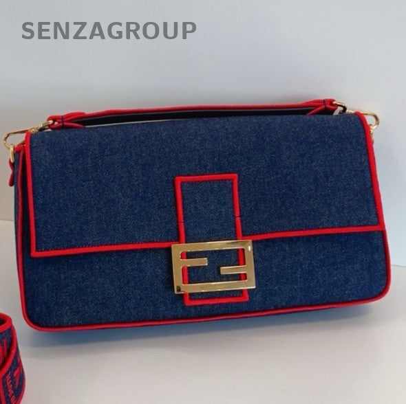 Fendi  Baguette GM Top Handle Bag Crossbody Blue Gold Women Classic Fashion
