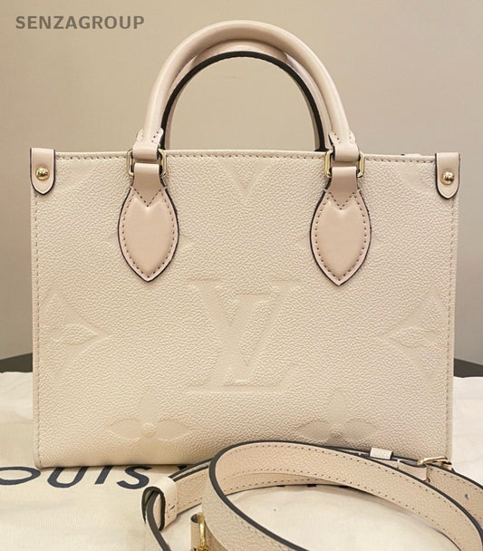Louis Vuitton Onthego PM Tote Top Handle Bag Crossbody White Gold Women Classic