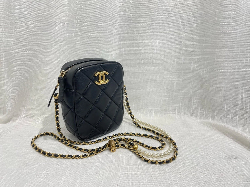 CHANEL Leather Mini Pearl Chain Camera Crossbody For Women