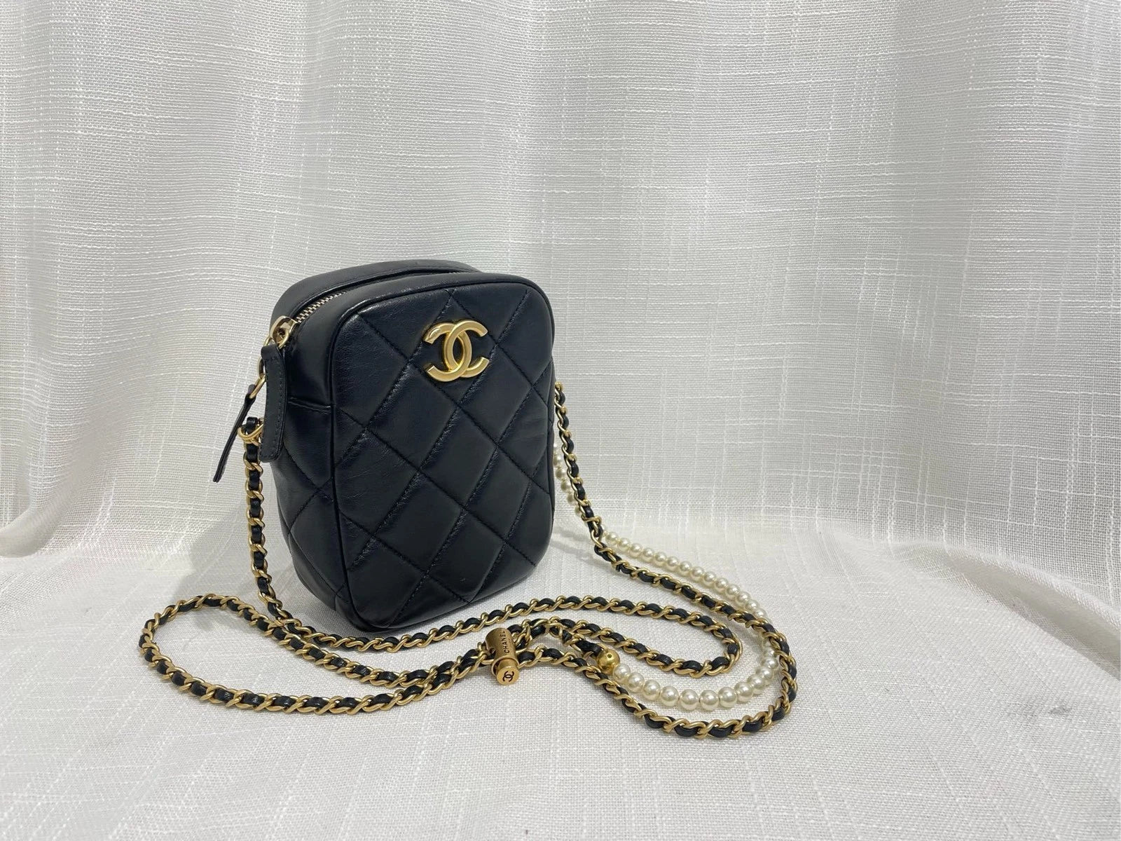 CHANEL Leather Mini Pearl Chain Camera Crossbody For Women