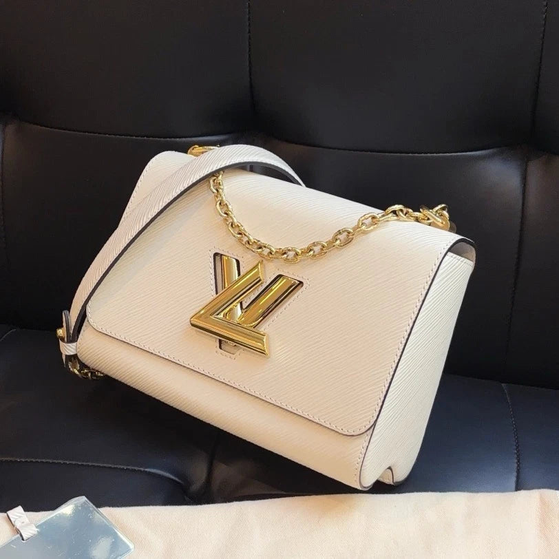 Louis Vuitton Twist MM Chain Shoulder Crossbody Bag White Gold Women Classic