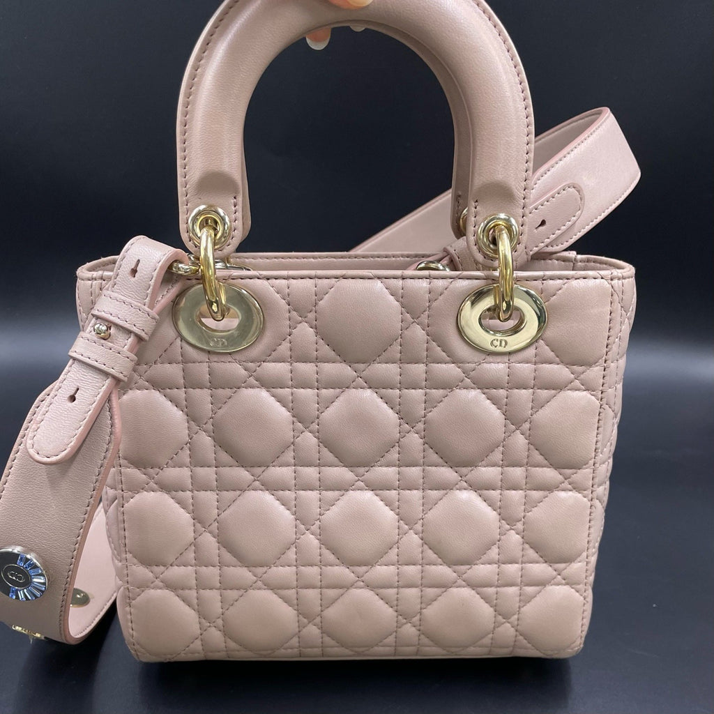 Christian Dior Lady Dior Cannage Top Handle Crossbody Pink Gold Women Classic