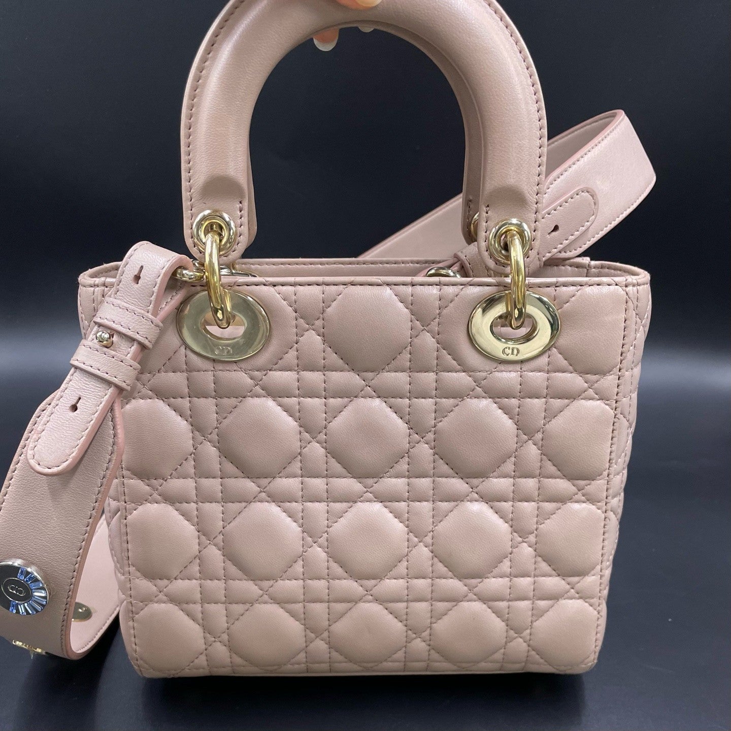 Christian Dior Lady Dior Cannage Top Handle Crossbody Pink Gold Women Classic