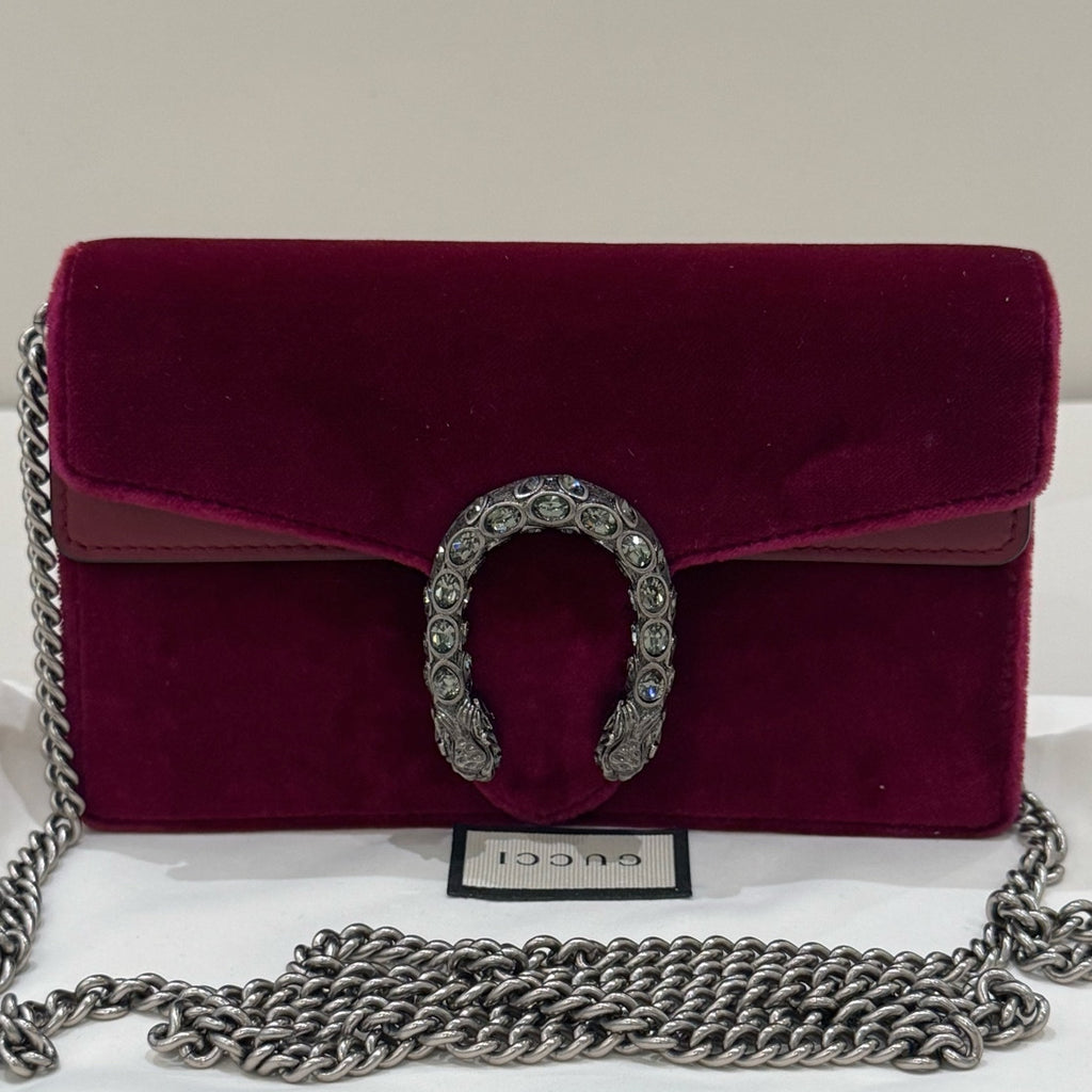 Gucci Dionysus Mini Chain Bag in Velvet, Burgundy with Silver Hardware