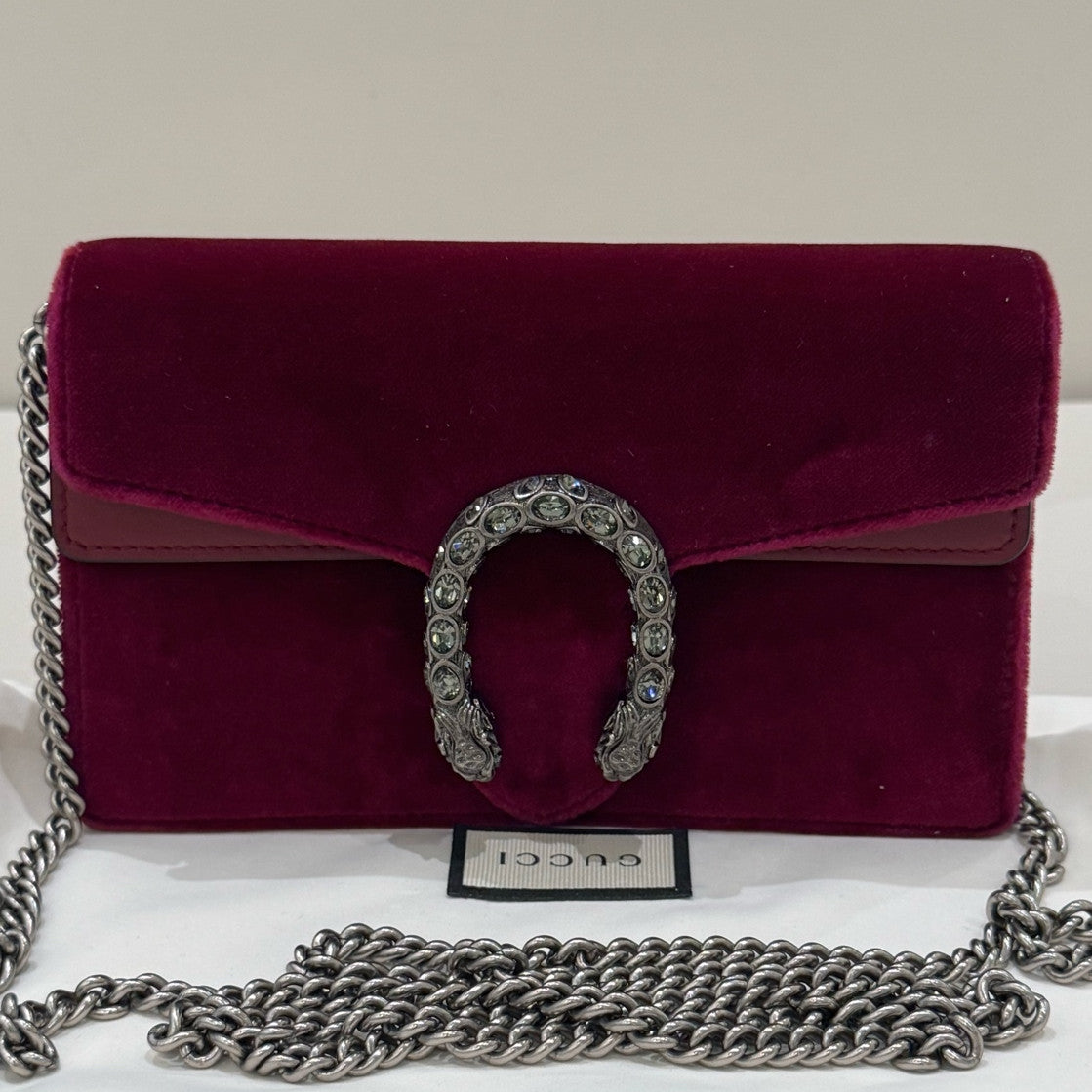 Gucci Dionysus Mini Chain Bag in Velvet, Burgundy with Silver Hardware