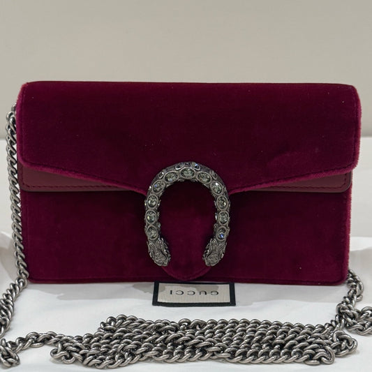 Gucci Dionysus Mini Chain Bag in Velvet, Burgundy with Silver Hardware