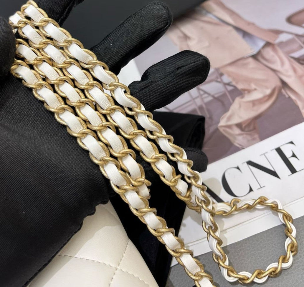 Chanel Classic Flap Chain Lambskin Shoulder Bag White Gold Women Fashion Diamond