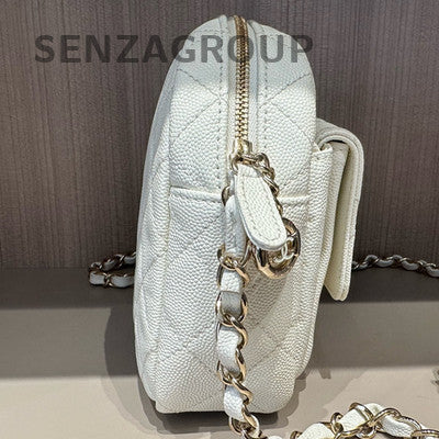 Chanel White Quilted Camera Bag with Gold Hardware