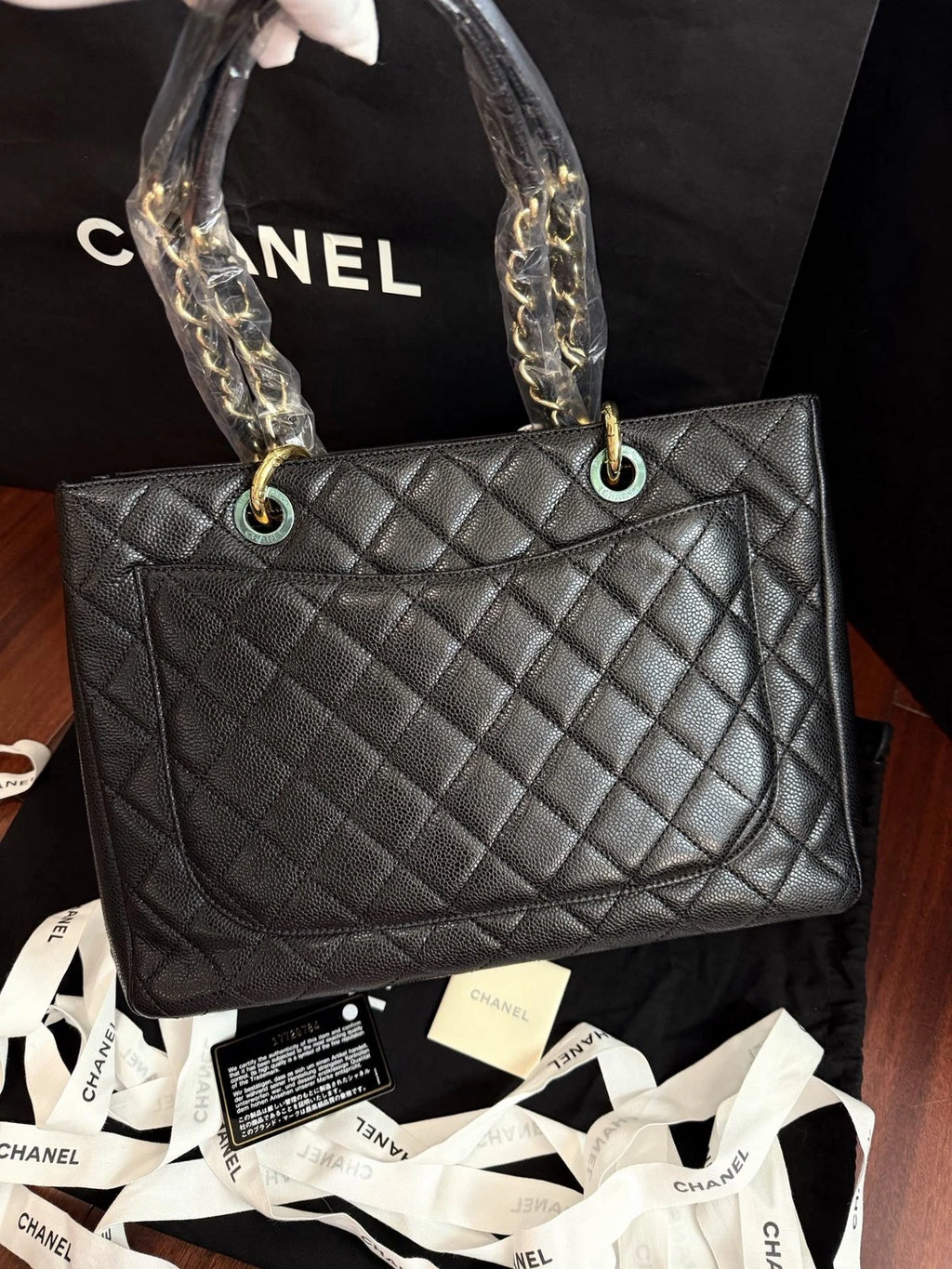 Chanel GST Chain Shoulder Bag Black Gold Diamond Used Women Classic
