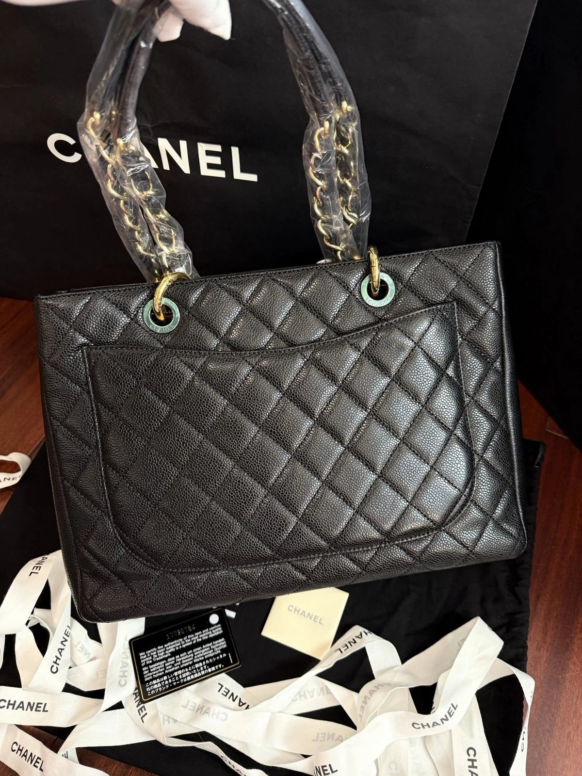 Chanel GST Chain Shoulder Bag Black Gold Diamond Used Women Classic