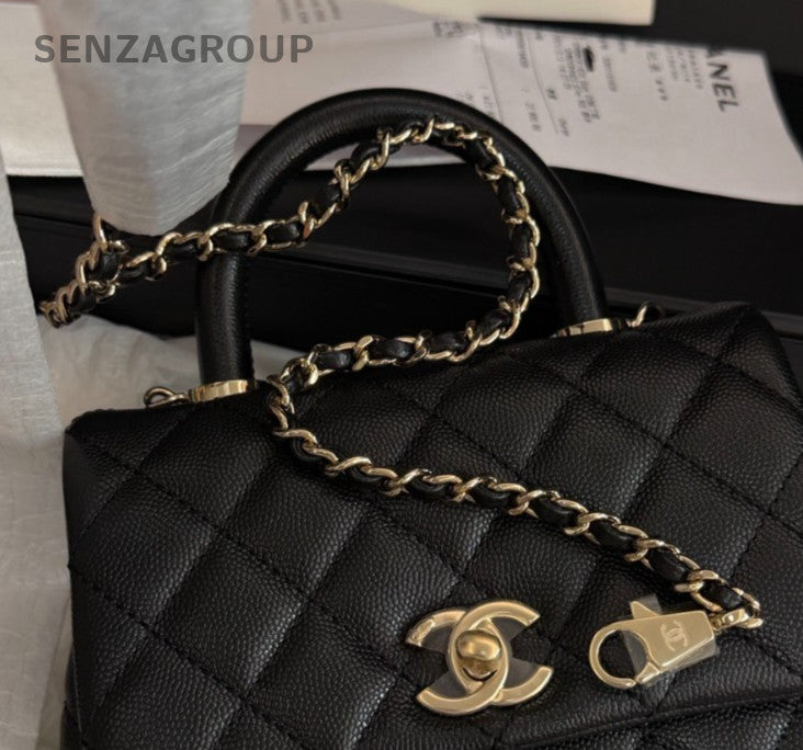 Chanel Cocohandle Mini Diamond Top Handle Bag Chain Crossbody Black Gold Women