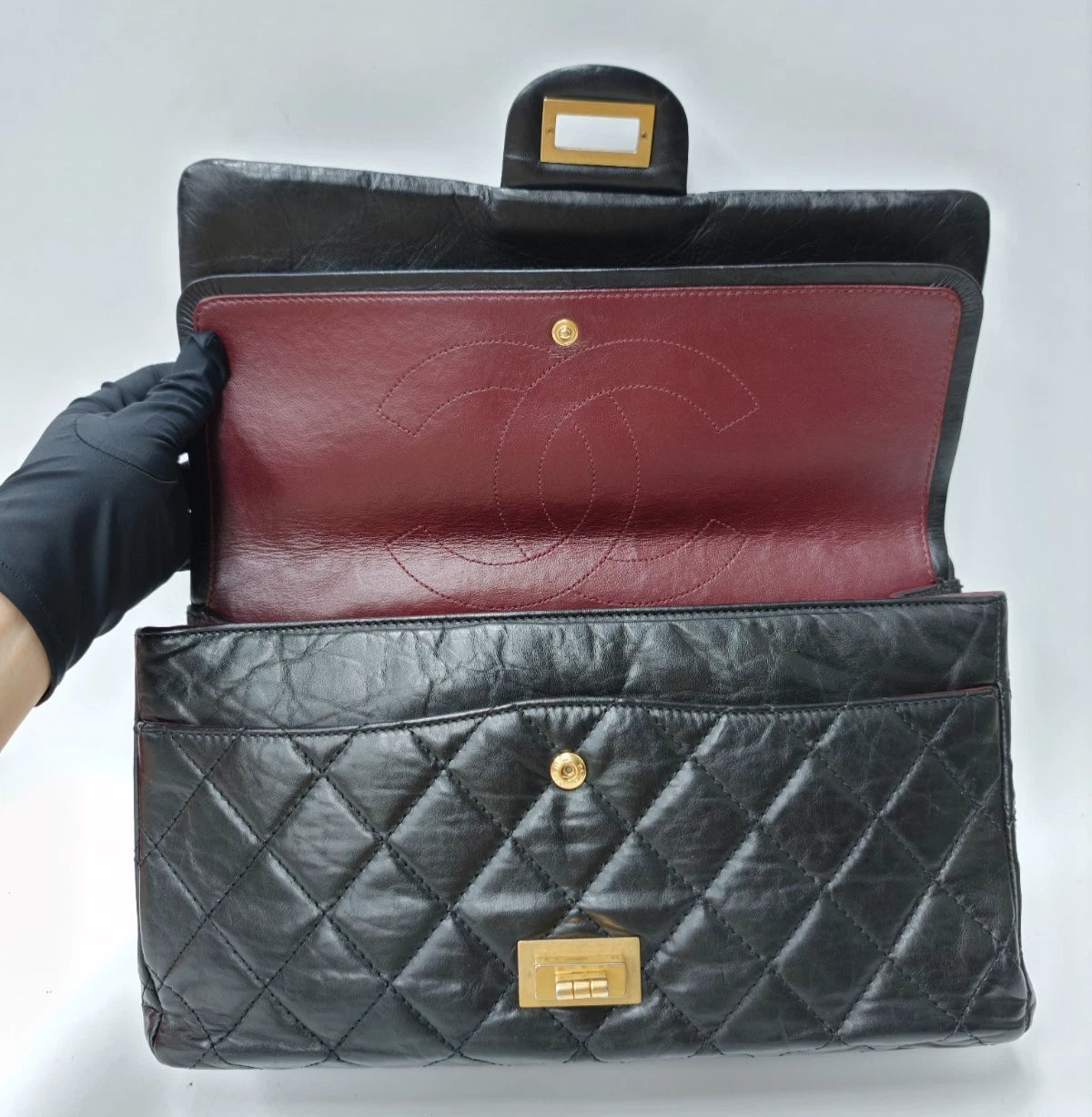 Chanel 2.55 GM Calfskin Chain Shoulder Bag Crossbody Deep Blue Gold Women