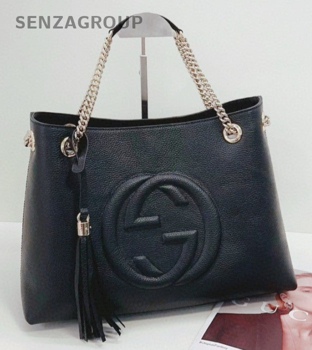 GUCCI Soho Tote Calfskin Leather Chain Shouder Bag Black White Women Classic