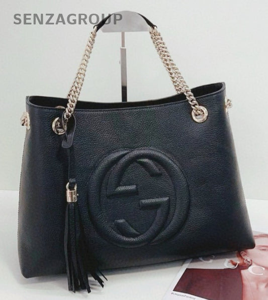 GUCCI Soho Tote Calfskin Leather Chain Shouder Bag Black White Women Classic
