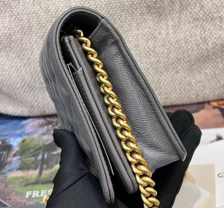 Chanel Leboy WOC Chain Shoulder Bag Crossbody Gray Gold Diamond Women Classic