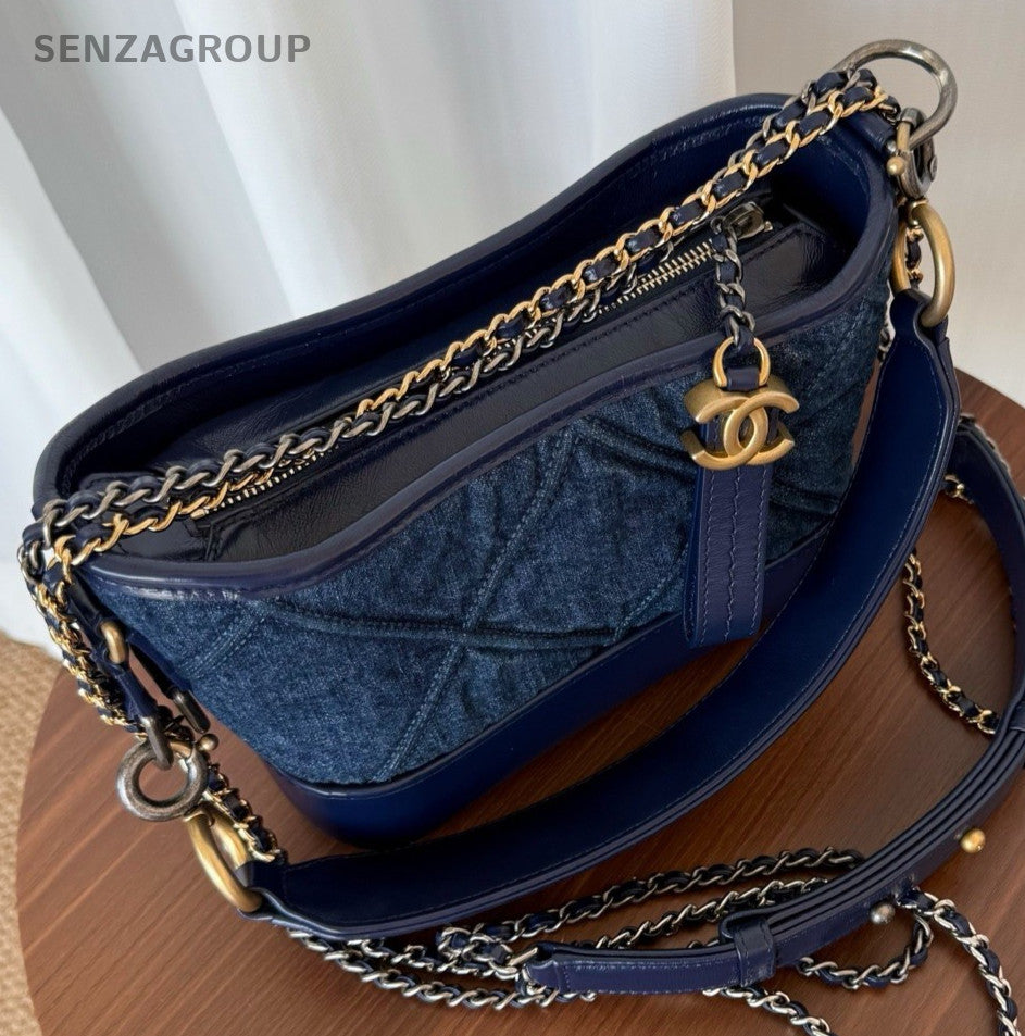 Chanel Gabrielle PM Chain Shoulder Bag Blue Gold Women Classic Fashion Diamond