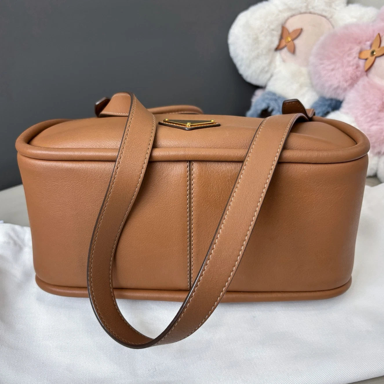 Prada Darling Calfskin 2Way Top Handle Crossbody Brown Gold Women Classic