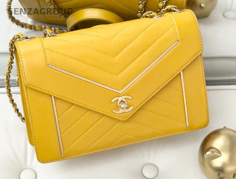 CHANEL Calfskin V-shaped pattern Chain Shoulder Handbag Yellow Women