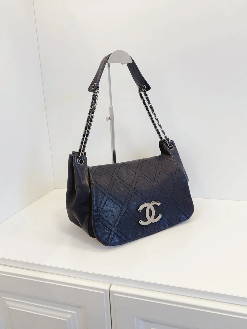 Chanel Airport Series Hobo Flap Shoulder Bag Black Silver