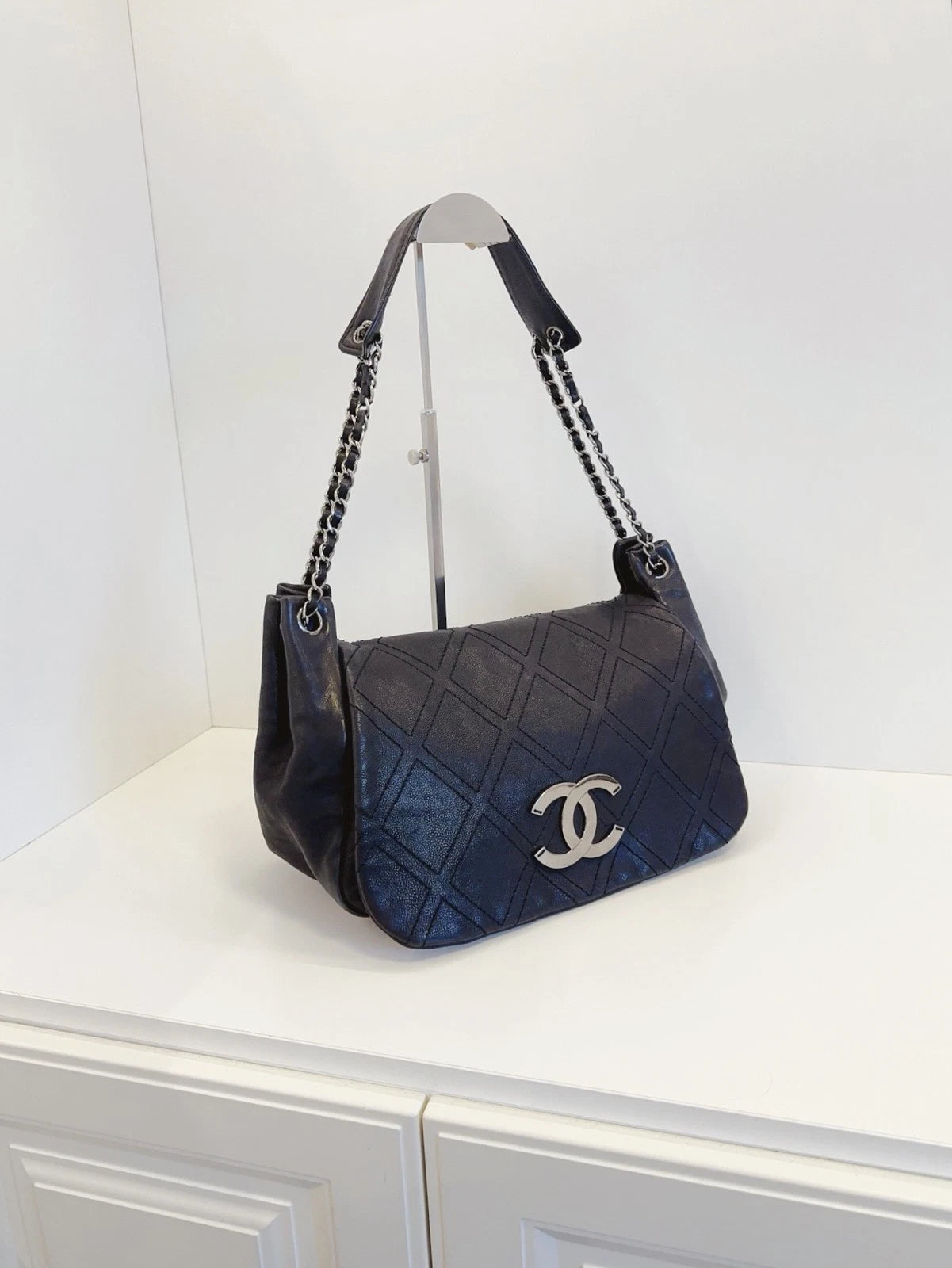Chanel Airport Series Hobo Flap Shoulder Bag Black Silver