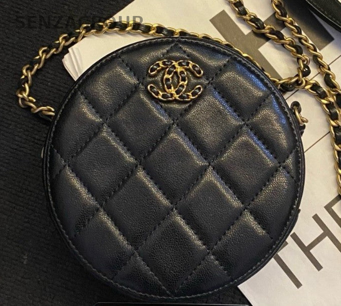 Chanel 19Bag Chain Round Crossbody Black Gold Women Classic Diamond Fashion