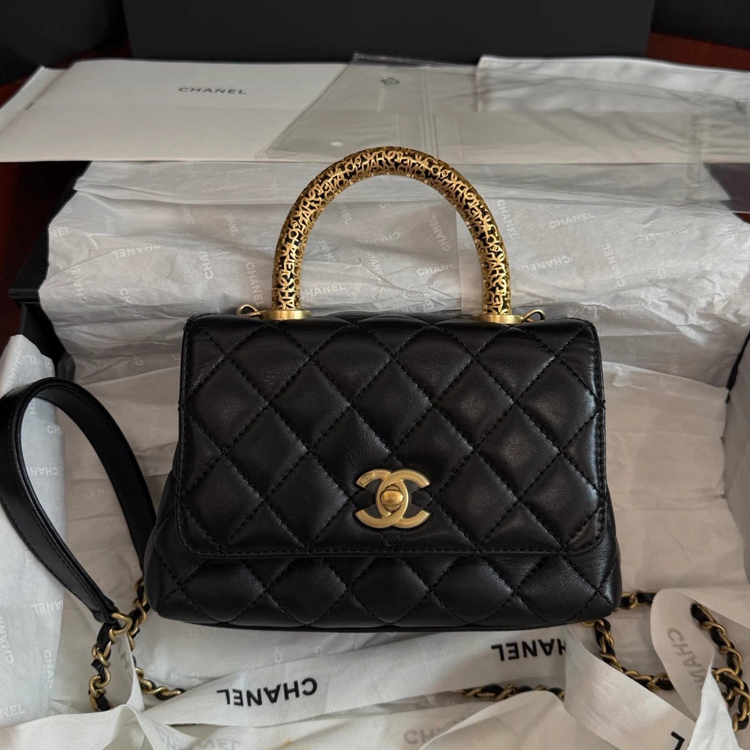 Chanel Cocohandle Mini Chain Lambskin Top Handle Crossbody Black Gold Women