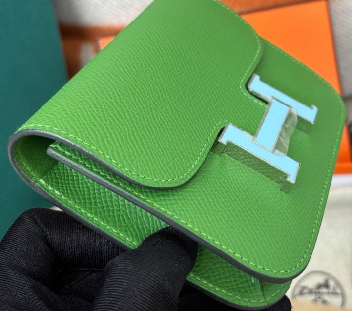Hermes Constance Slim Epsom Leather Clutch Green Silver Women