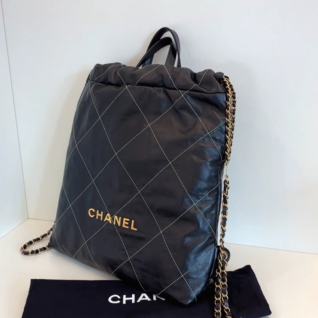 Chanel 22Bag Chain Backpack Black Gold Diamond Women Classic