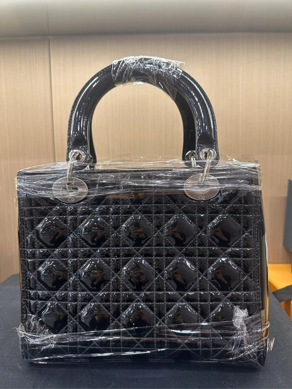 Dior Lady Dior 5 Grid Patent Leather Black Silver Handbag For Women