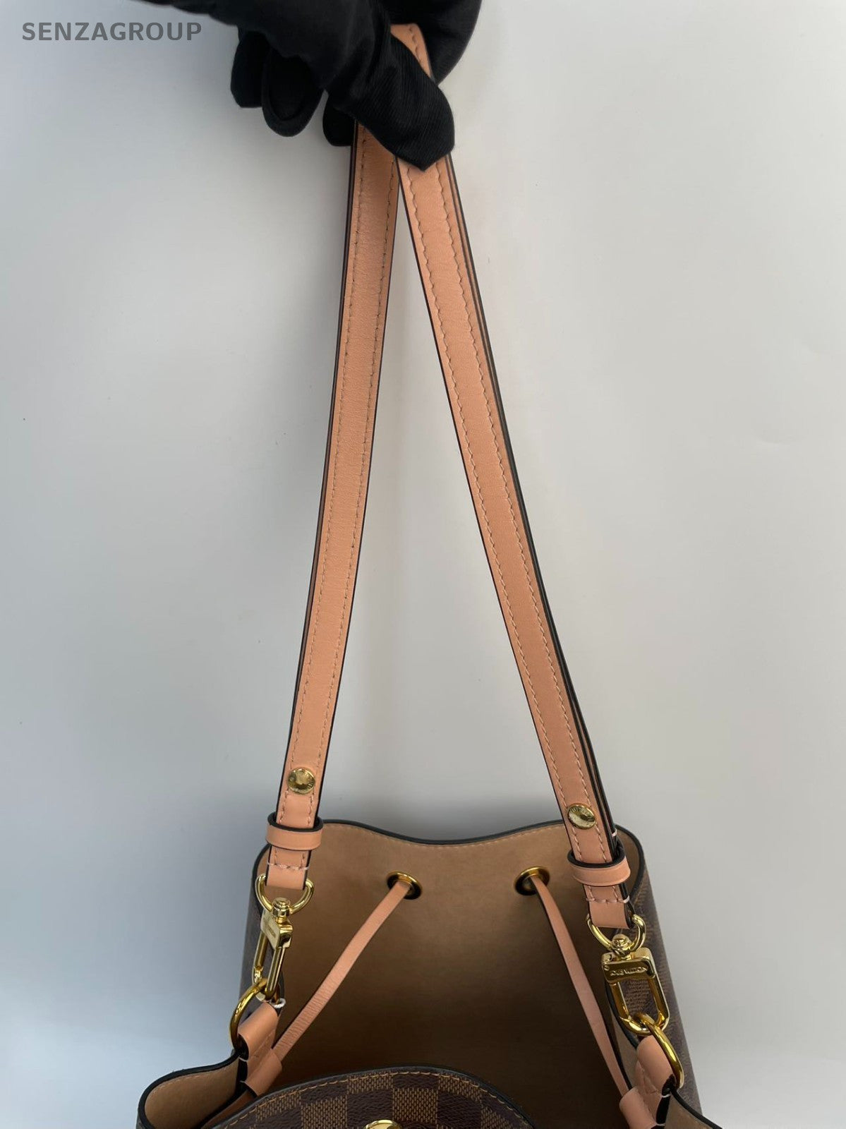 #001 - Louis Vuitton NéoNoé Pink Interior Damier Bucket Bag MM Brown Canvas YY73